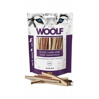 snack per cani WOOLF SANDWICH LUNGO AGNELLO/MERLUZZO GR 100