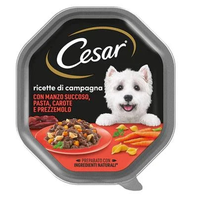 CIBO UMIDO PER CANI CESAR RICETTE DI CAMPAGNA MANZO/PASTA/CAROTE/PREZZEMOLO 14 X GR 150