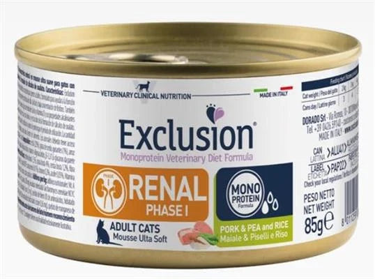 Cibo umido per gatti EXCLUSION CAT RENAL FASE I MAIALE/PISELLI/RISO GR 85