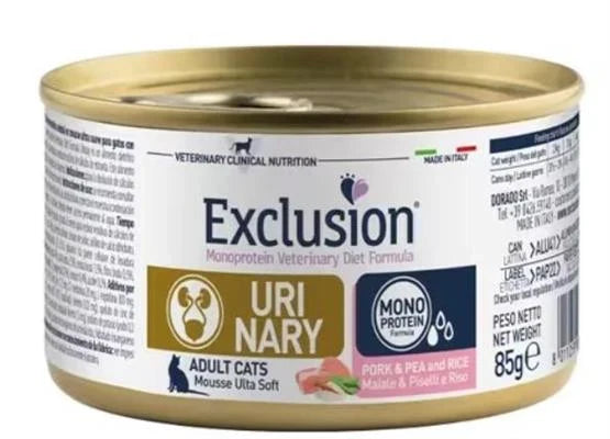 Cibo umido per gatti EXCLUSION CAT URINARY STRESS MAIALE/PISELLI/RISO GR 85