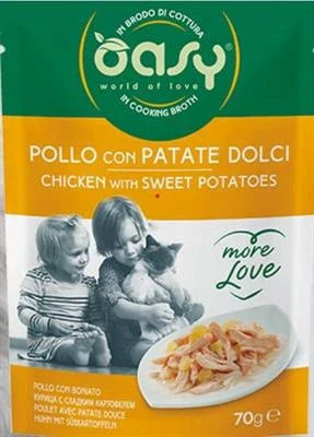 cibo umido per gatti OASY MORE LOVE CAT BUSTE POLLO/PATATE 24 X GR 70