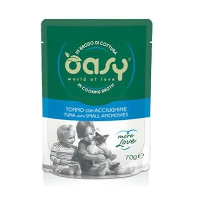 cibo umido per gatti OASY MORE LOVE CAT BUSTE TONNO/ACCIUGHE 24 X GR 70 NEW