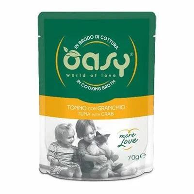cibo umido per gatti OASY MORE LOVE CAT BUSTE TONNO/GRANCHIO 24 X GR 70 NEW