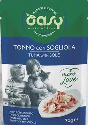 cibo umido per gatti OASY MORE LOVE CAT BUSTE TONNO/SOGLIOLA 24 X GR 70
