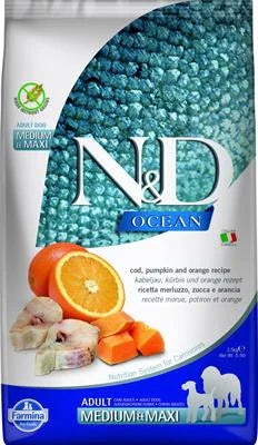 cibo secco per cani ND DOG OCEAN MEDIUM/MAXI MERLUZZO/ZUCCA/ARANCIA KG 2,5