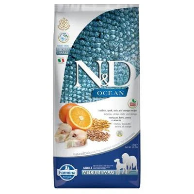 Cibo Secco Per Cani ND DOG OCEAN MEDIUM/MAXI MERLUZZO/FARRO/AVENA/ARANCIA KG 12