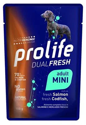 cibo umido per cani PROLIFE DOG UM DUAL BUSTE MINI SALMONE 10 X GR 100 NEW
