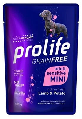 cibo umido per cani PROLIFE DOG UM GRAIN FREE BUSTE MINI AGNELLO/PATATE 10 X GR 100 NEW