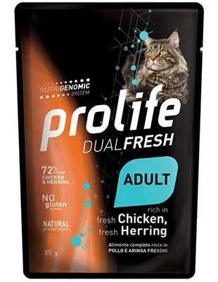 cibo umido per gatti PROLIFE CAT UM DUAL BUSTE POLLO/ARINGA 12 X GR 85 NEW