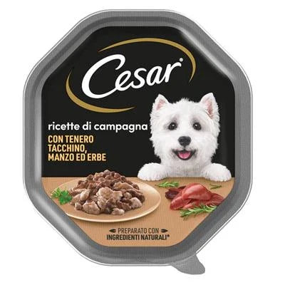 CIBO UMIDO PER CANI CESAR RICETTE DI CAMPAGNA TENERO TACCHINO/MANZO/ERBE 14 X GR 150