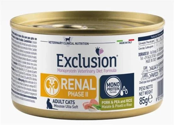 Cibo umido per gatti EXCLUSION CAT RENAL FASE II MAIALE/PISELLI/RISO GR 85