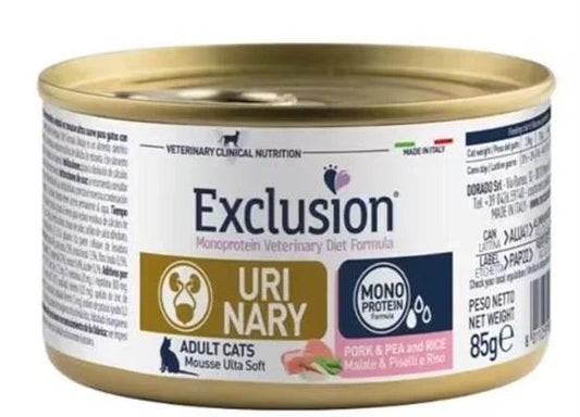 Cibo umido per gatti EXCLUSION CAT URINARY STRESS MAIALE/PISELLI/RISO GR 85