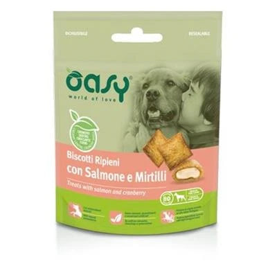 snack per cani OASY BISCOTTI RIPIENI SALMONE/MIRTILLO GR 80