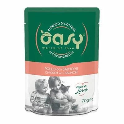 cibo umido per gatti  OASY MORE LOVE CAT BUSTE POLLO/SALMONE ROSA 24 X GR 70 NEW