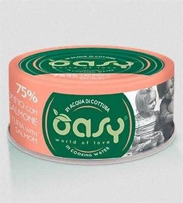 cibo umido per gatti  OASY MORE LOVE TONNO/SALMONE GR 70