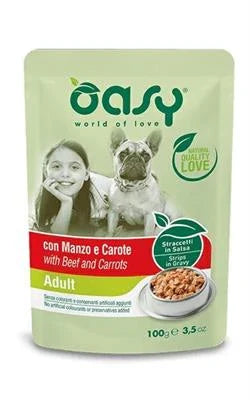 cibo umido per cani OASY DOG STRACCETTI BUSTA MANZO/CAROTE 22 X GR 100