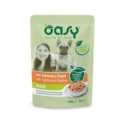 cibo umido per cani OASY DOG STRACCETTI BUSTA SALMONE/PATATE 22 X GR 100