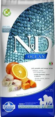 Cibo Secco Per Cani  ND DOG OCEAN MEDIUM/MAXI MERLUZZO/ZUCCA/ARANCIA KG 12