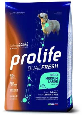 CIBO SECCO PER CANI PROLIFE DOG DUAL MEDIUM/LARGE SALMONE/MERLUZZO/RISO KG 12