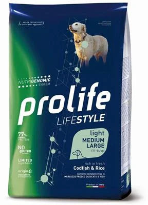 CIBO SECCO PER CANI PROLIFE DOG LIFESTYLE MEDIUM/LARGE LIGHT MERLUZZO/RISO KG 12
