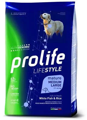 CIBO SECCO PER CANI PROLIFE DOG LIFESTYLE SENIOR MEDIUM/LARGE PESCE/RISO KG 12