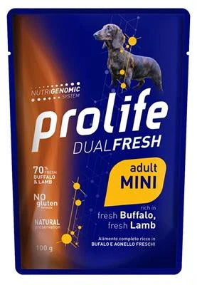 cibo umido per cani PROLIFE DOG UM DUAL BUSTE MINI BUFALO 10 X GR 100 NEW