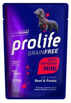 CIBO UMIDO PER CANI PROLIFE DOG UM GRAIN FREE BUSTE MINI MANZO/PATATE 10 X GR 100 NEW