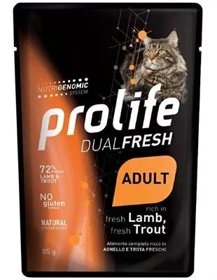 cibo umido per gatti PROLIFE CAT UM DUAL BUSTE AGNELLO/TROTA 12 X GR 85 NEW