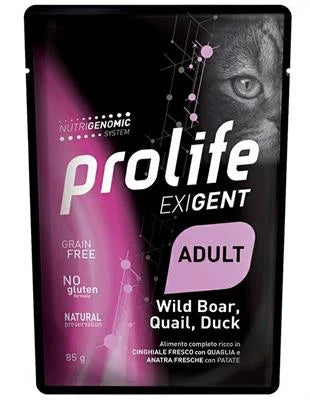 cibo umido per gatti PROLIFE CAT UM EXIGENT BUSTE CINGHIALE/QUAGLIA/ANATRA 12 X GR 85 NEW